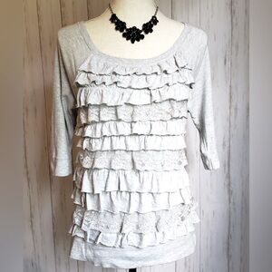 Hollister- ladies grey ruffled-lace top.